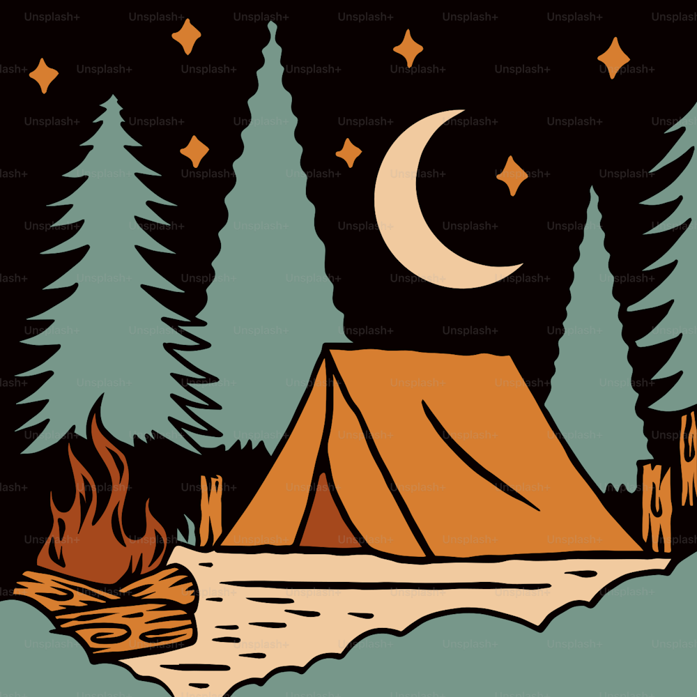 a campfire and a tent in the woods