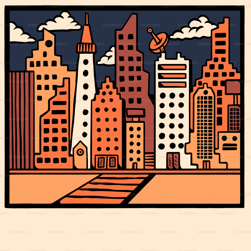 Un disegno di una città con alti edifici