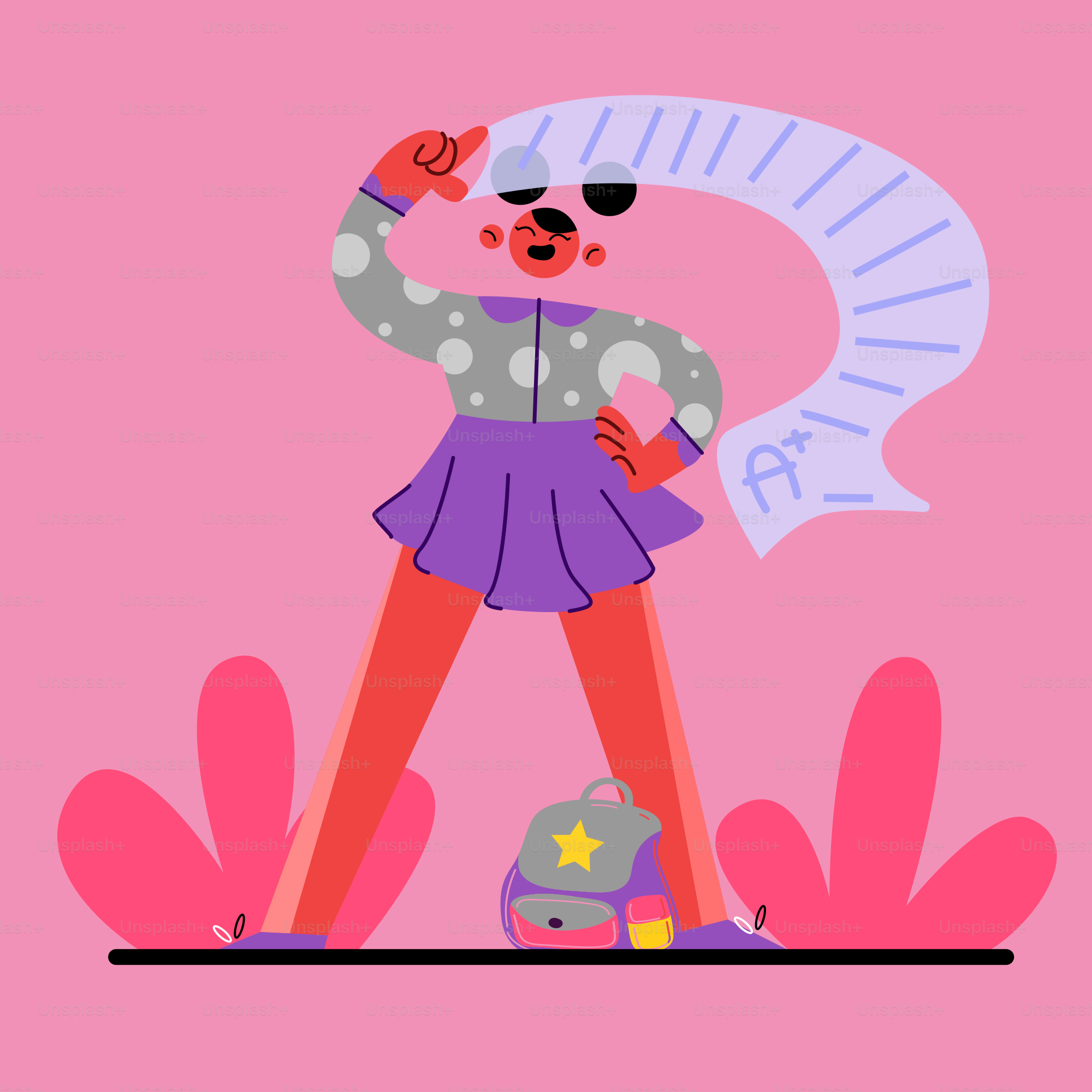 a woman in a purple dress and a pink background