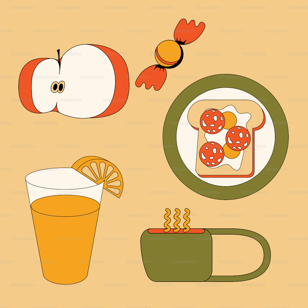 음식 한 접시와 오렌지 주스 한 잔