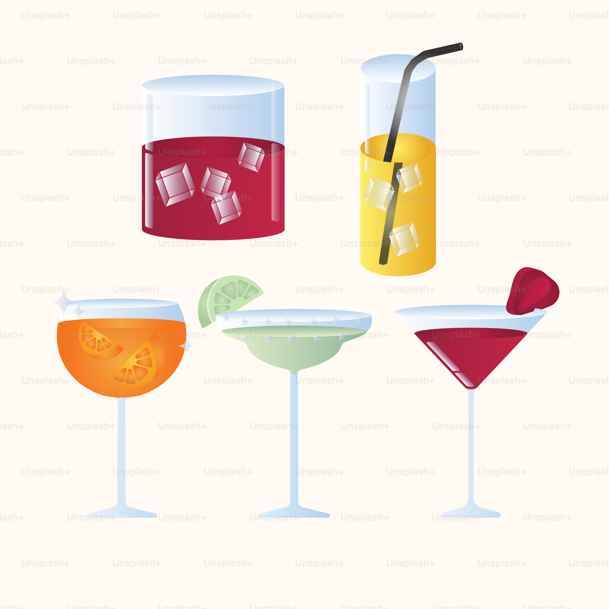 a set of four glasses filled with different types of drinks