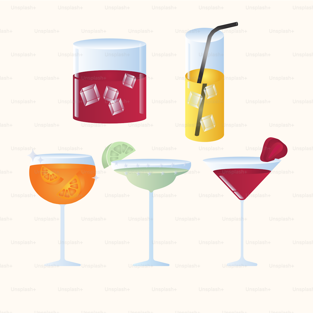 a set of four glasses filled with different types of drinks