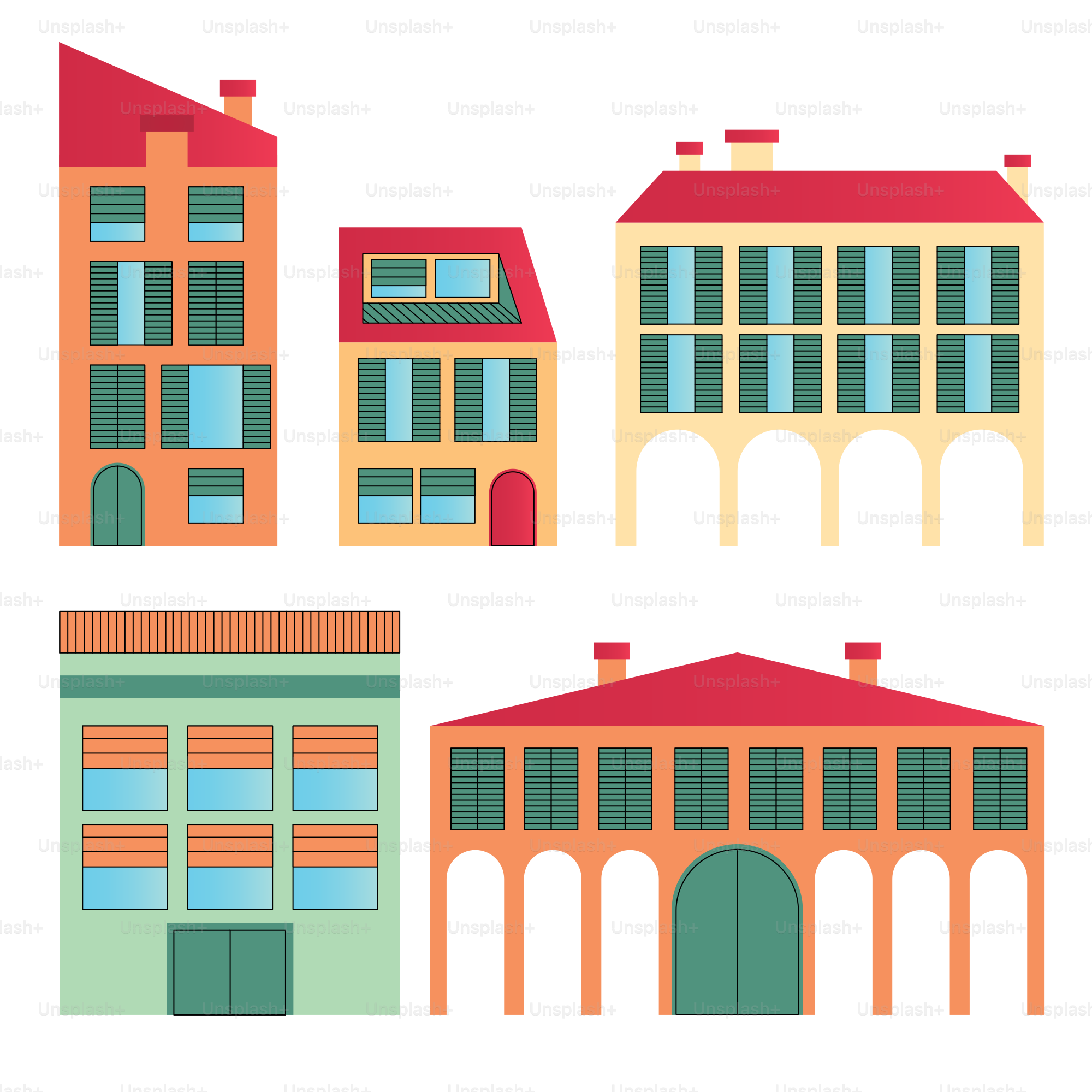 a set of four buildings with windows and shutters