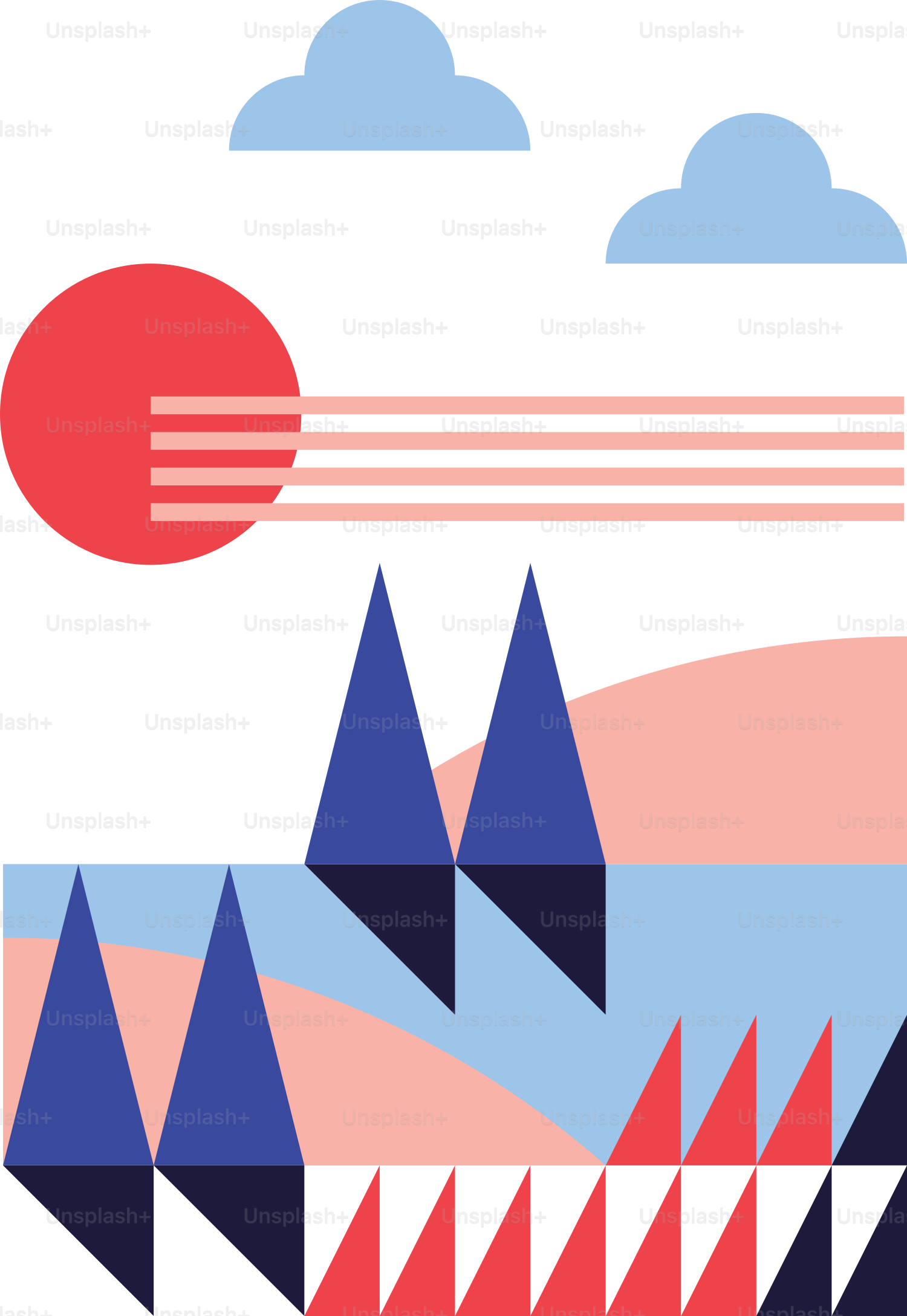 an abstract landscape with mountains, clouds, and a sun