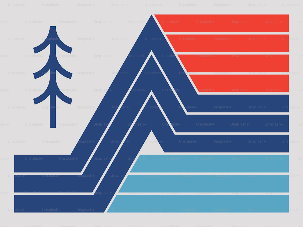 a blue and red logo with a pine tree