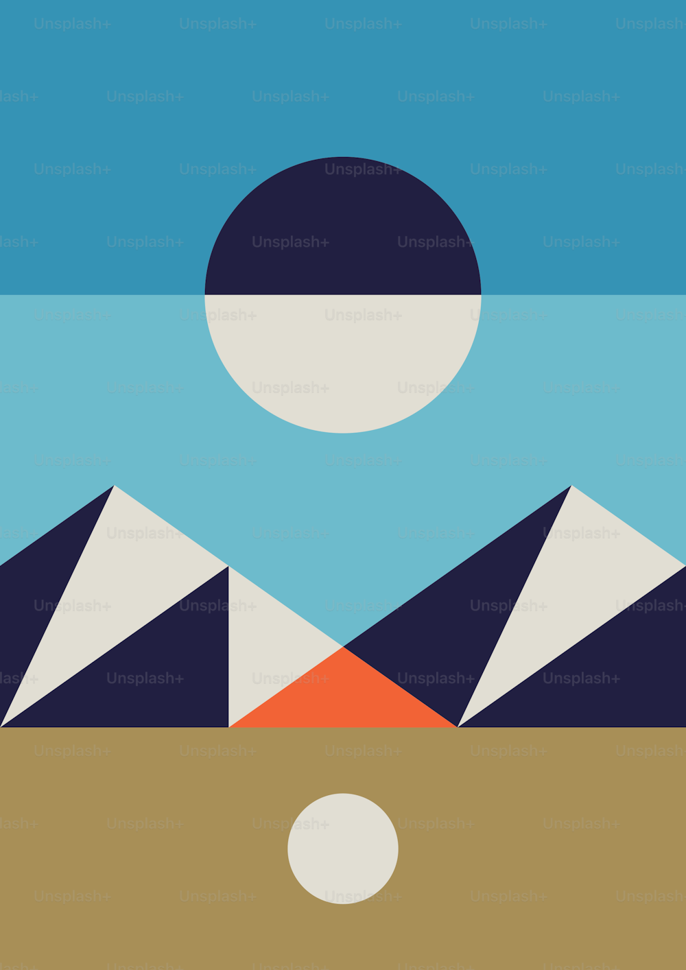 an abstract landscape with mountains and a sun