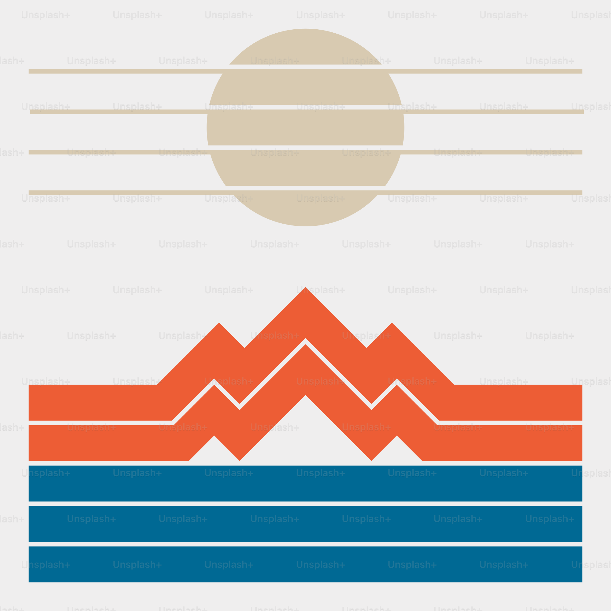 Une affiche avec des montagnes et un soleil en fond