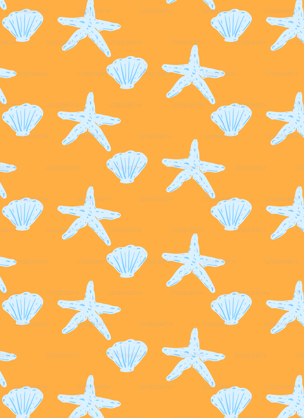 a pattern of shells and starfish on an orange background