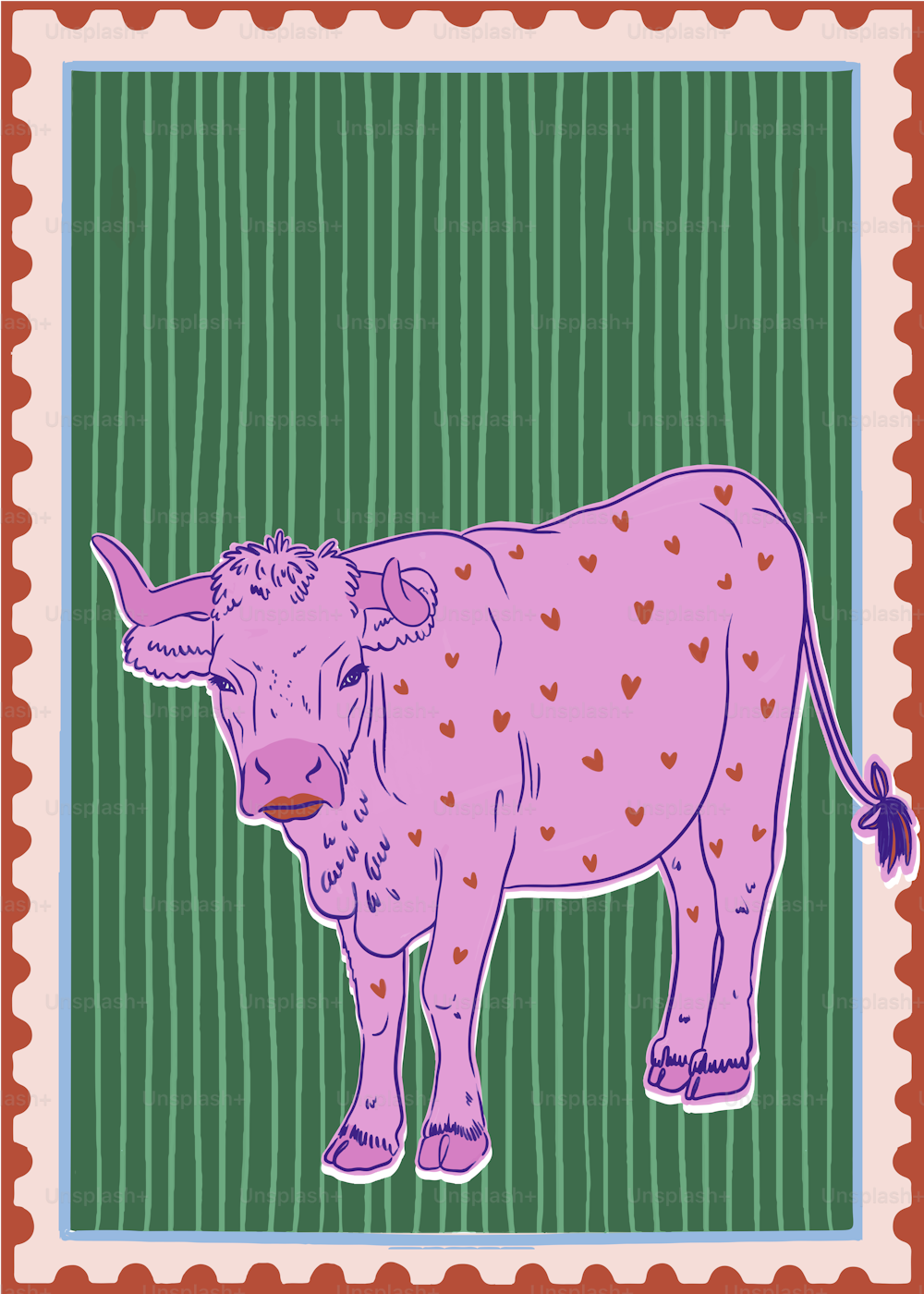 a drawing of a pink cow with hearts on it