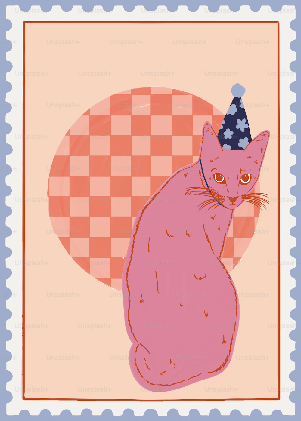 パーティーハットをかぶったピンクの猫