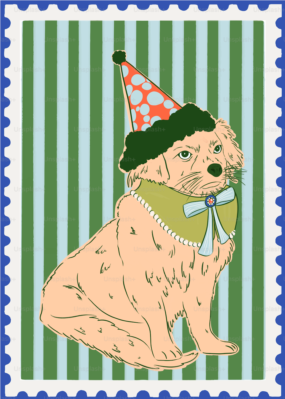 eine Zeichnung eines Hundes, der eine Geburtstagsmütze trägt