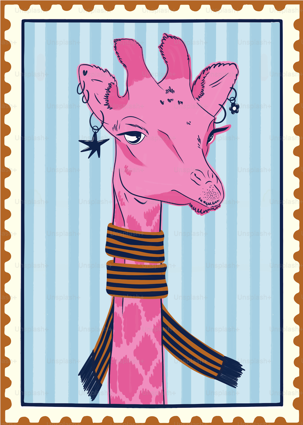 una jirafa rosa con una cinta alrededor del cuello
