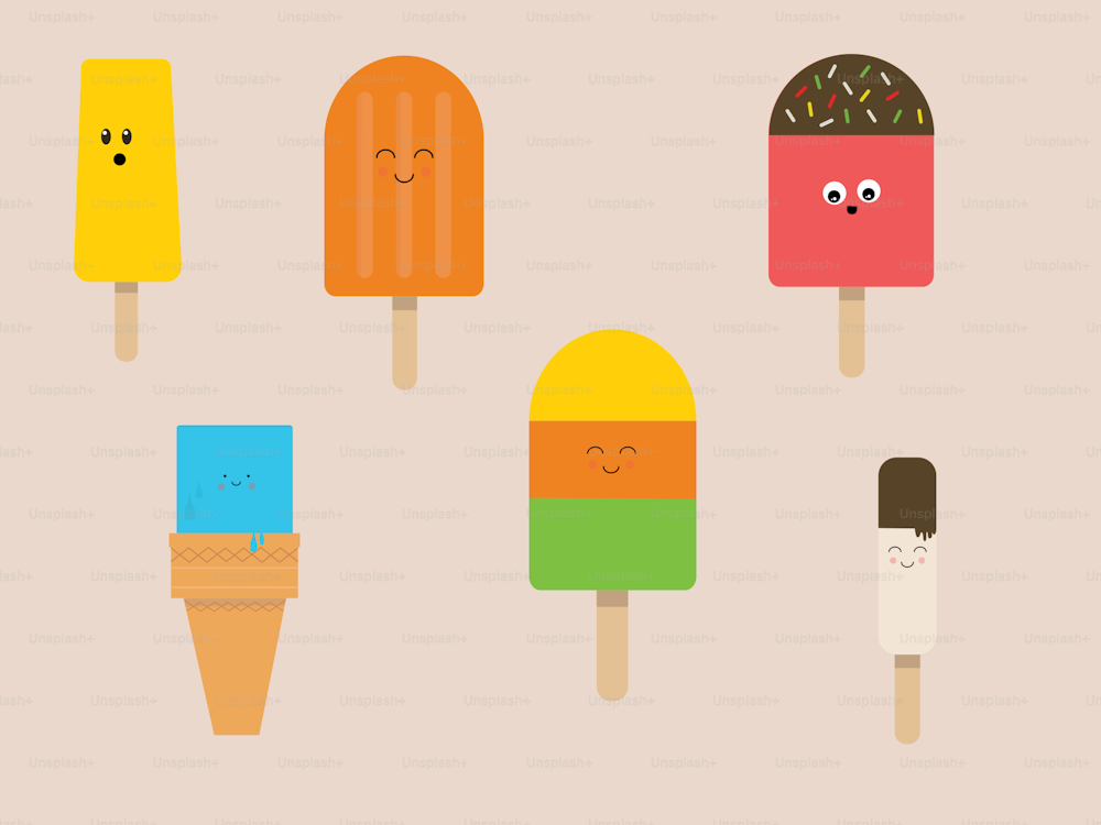 a group of ice creams with faces drawn on them
