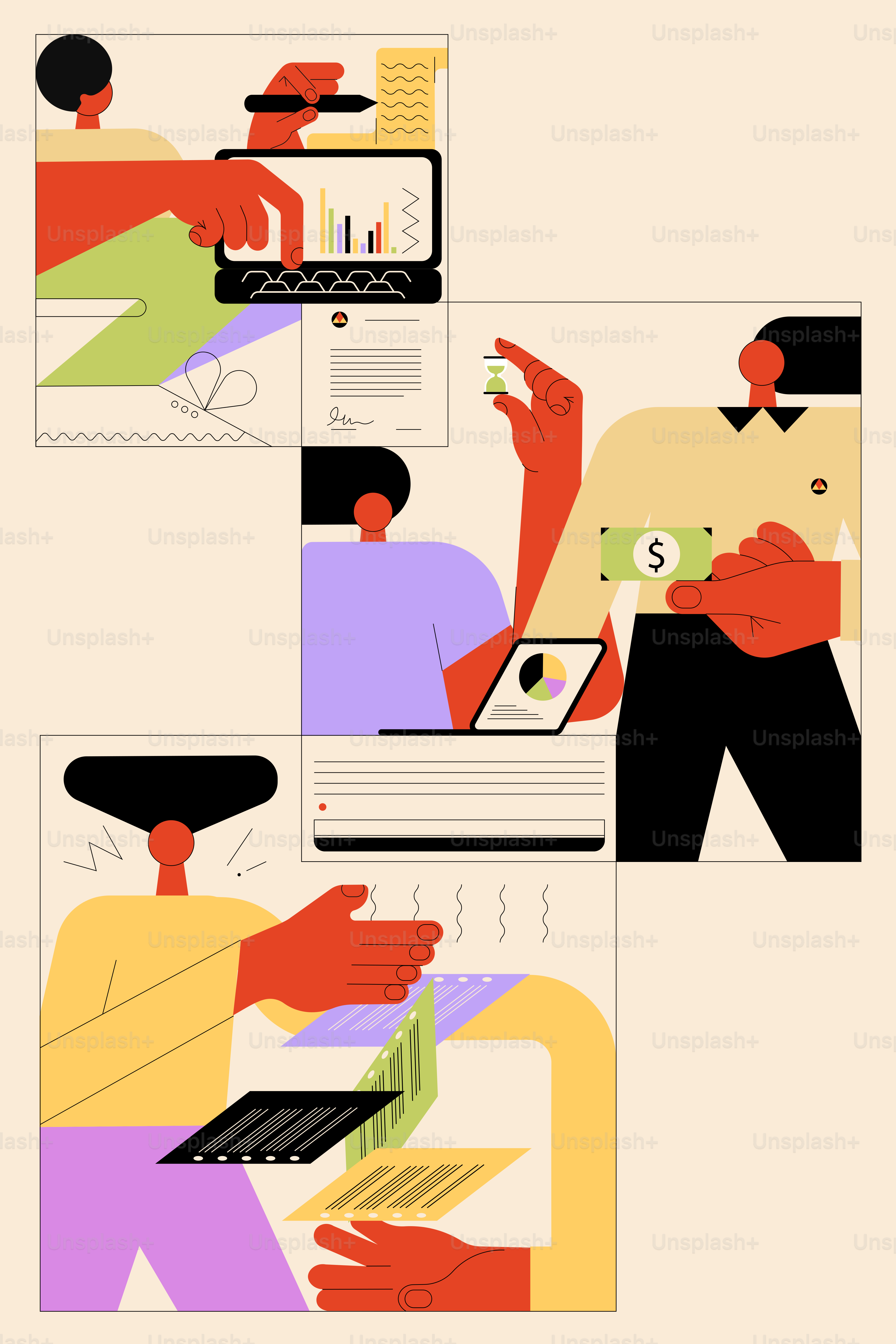 uma série de ilustrações de pessoas usando seus celulares