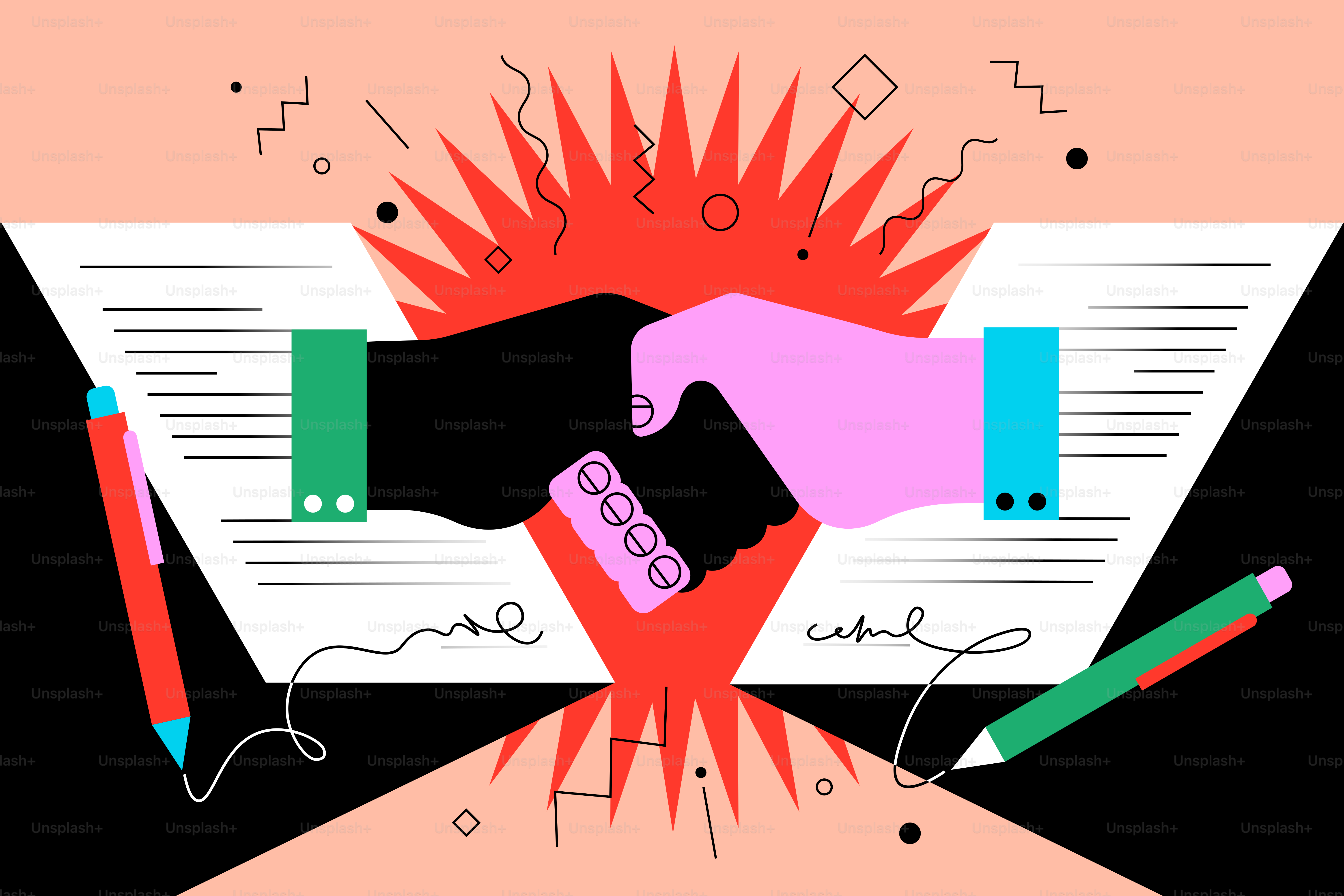 two people shaking hands over a signed document