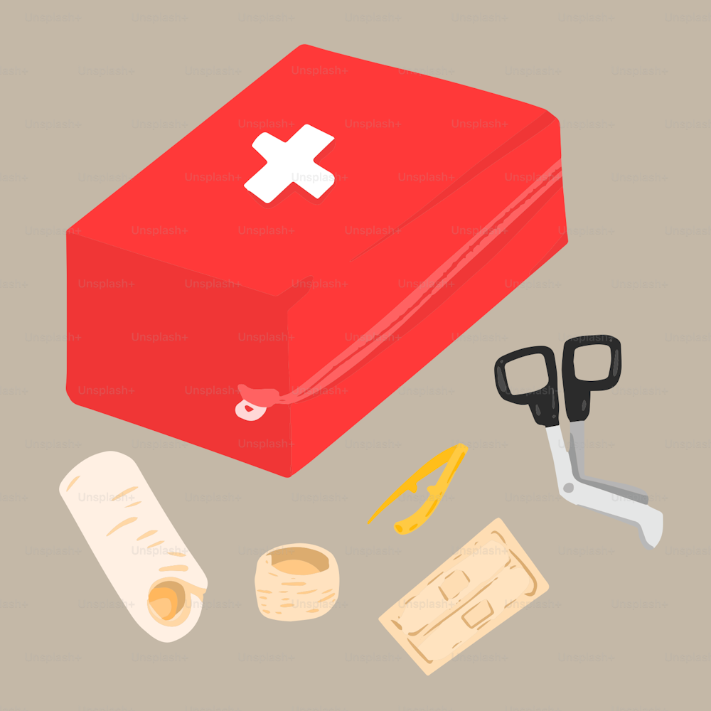 a first aid kit with scissors and bandages
