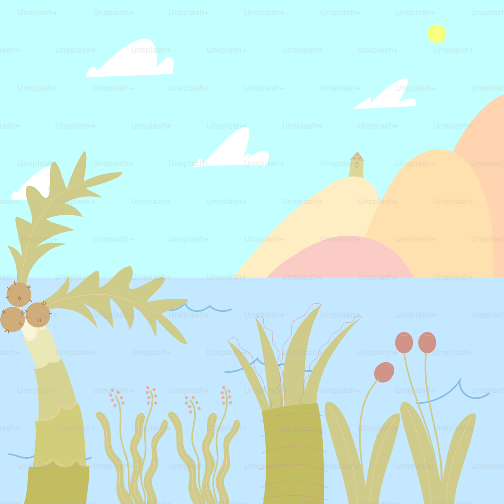 una pintura de una palmera en una playa