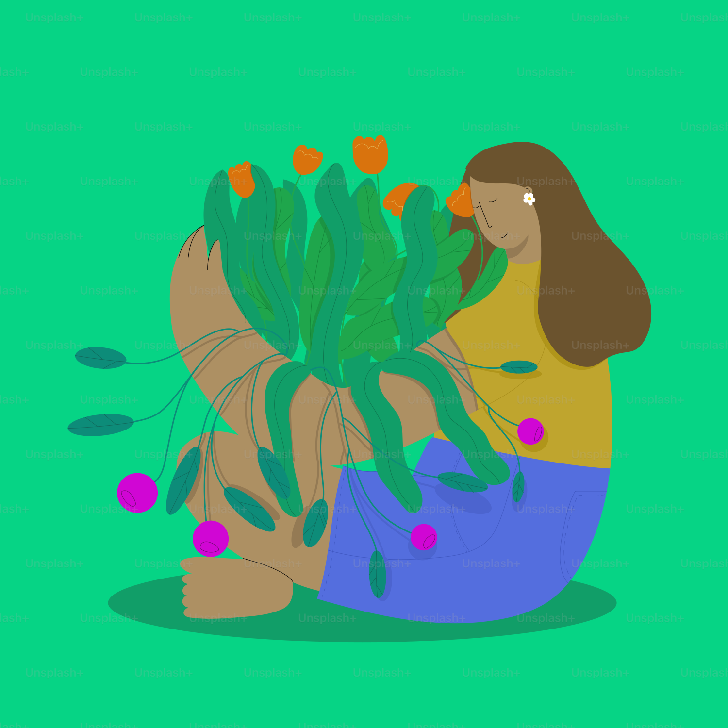a woman sitting on the ground next to a potted plant
