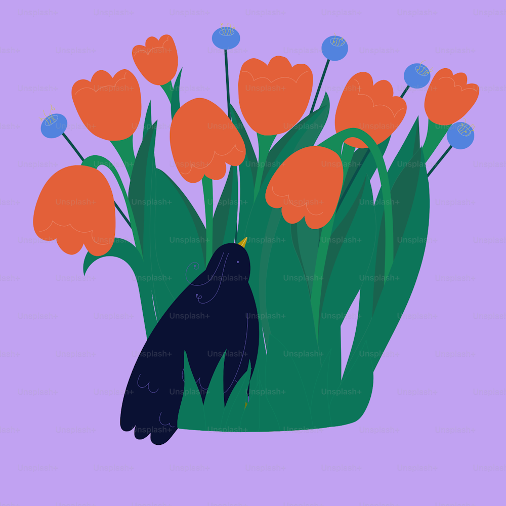 a bird sitting in the middle of a field of flowers