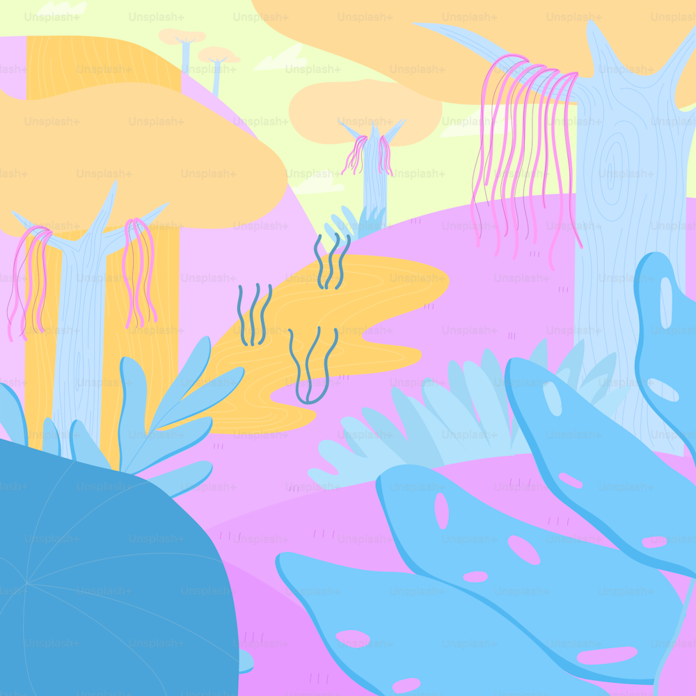 a painting of plants and trees on a pink and blue background