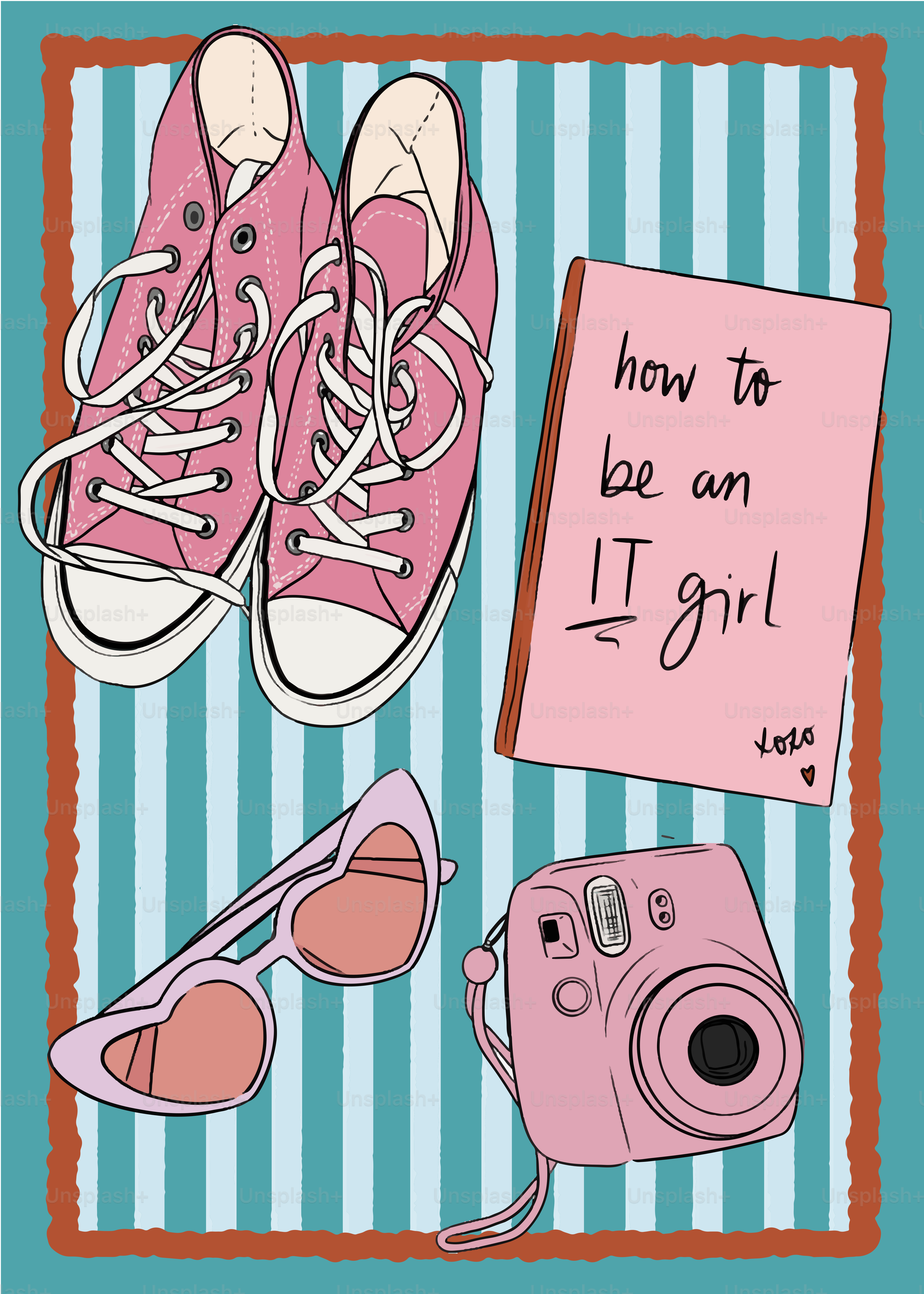 a pair of sneakers, a camera, and a note that says how to be