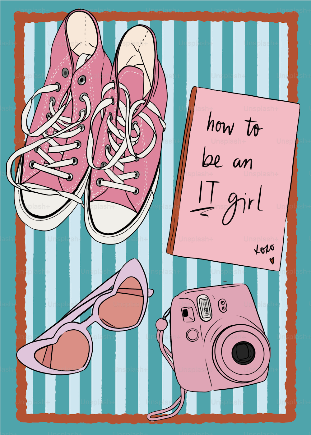 a pair of sneakers, a camera, and a note that says how to be