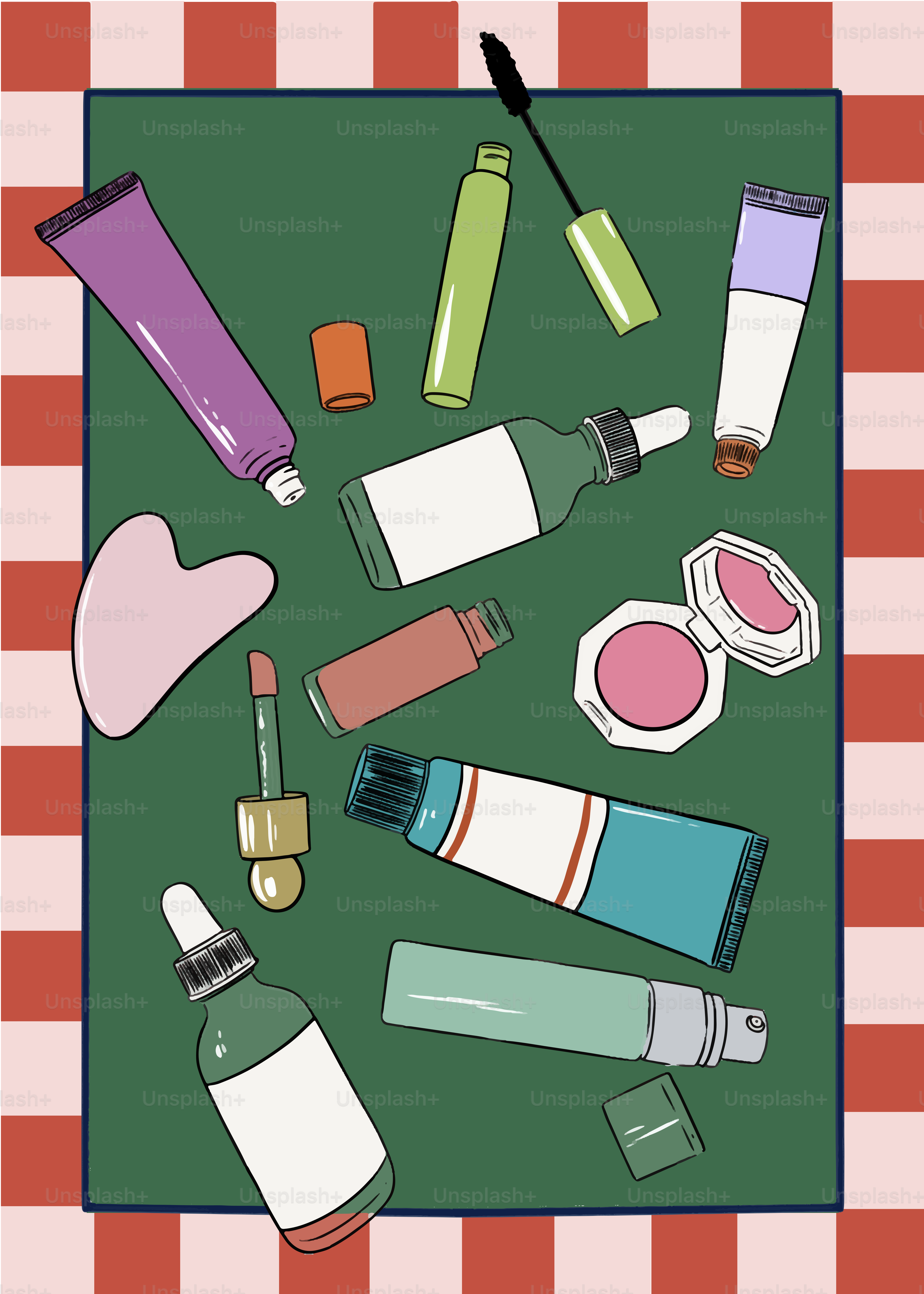 Una mesa cubierta con muchos tipos diferentes de cosméticos