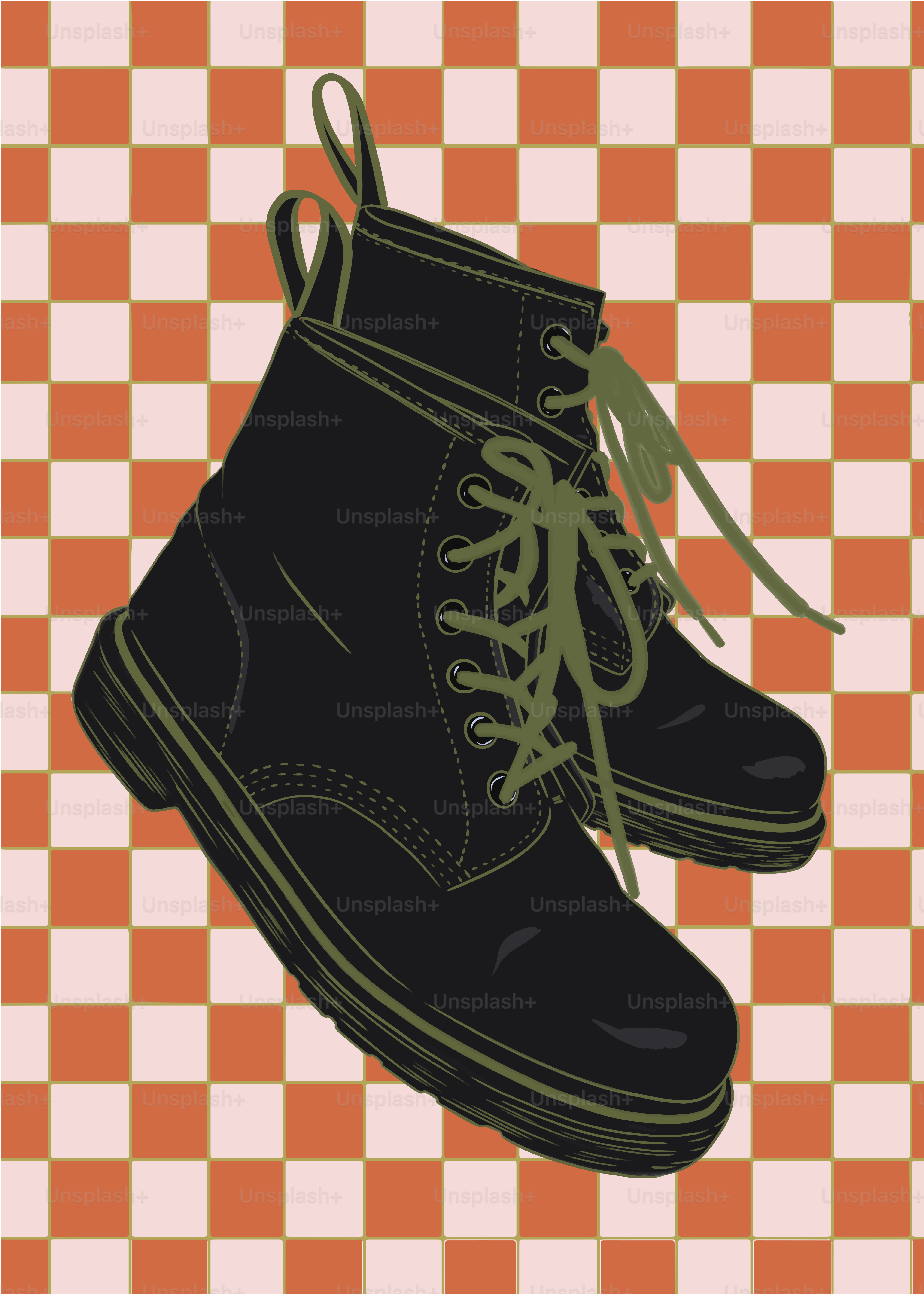 a pair of black shoes sitting on top of a checkered floor