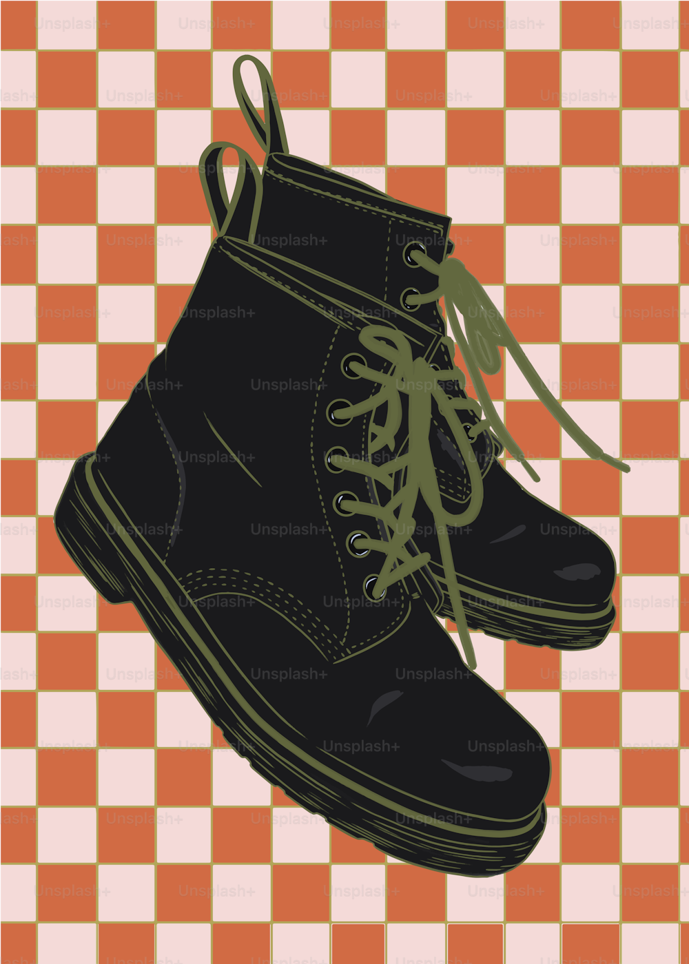 a pair of black shoes sitting on top of a checkered floor