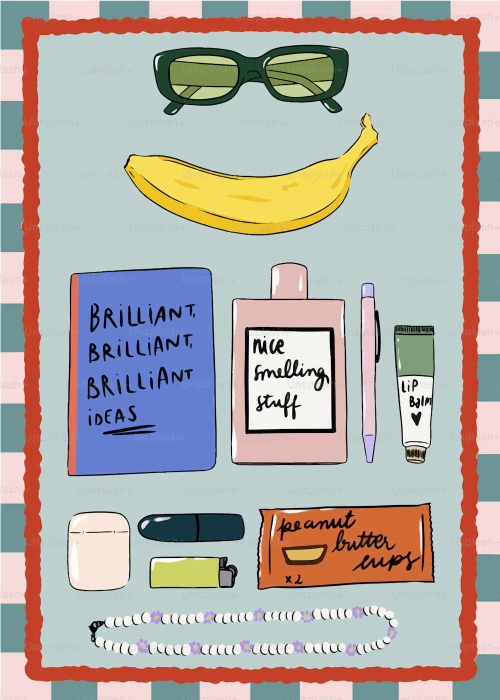 un dibujo de un plátano, gafas de sol, un bloc de notas y otros artículos