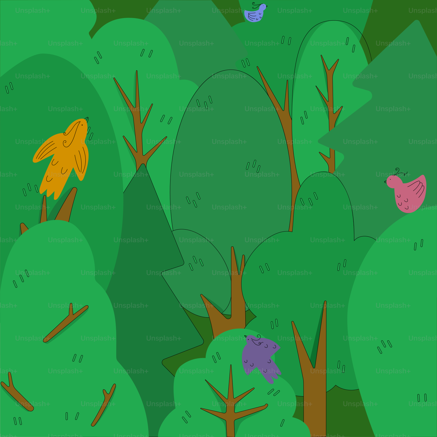 a drawing of a yellow bird sitting on top of a tree