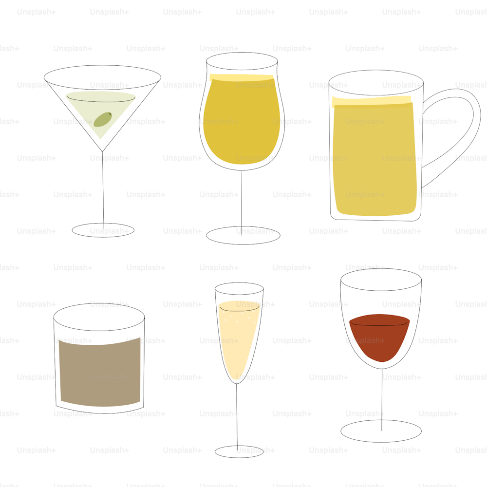 a set of four glasses with different types of drinks