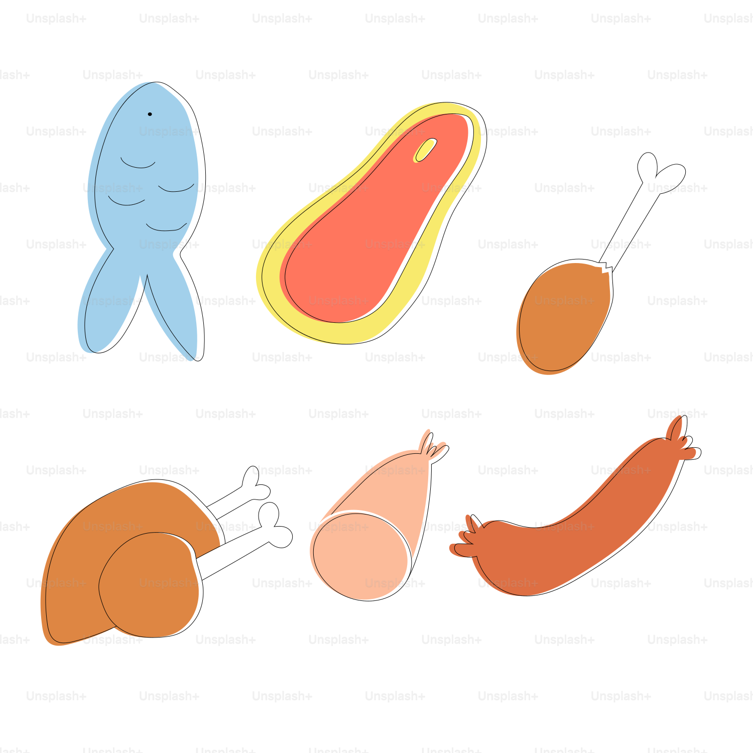 a group of different types of meat on a white background