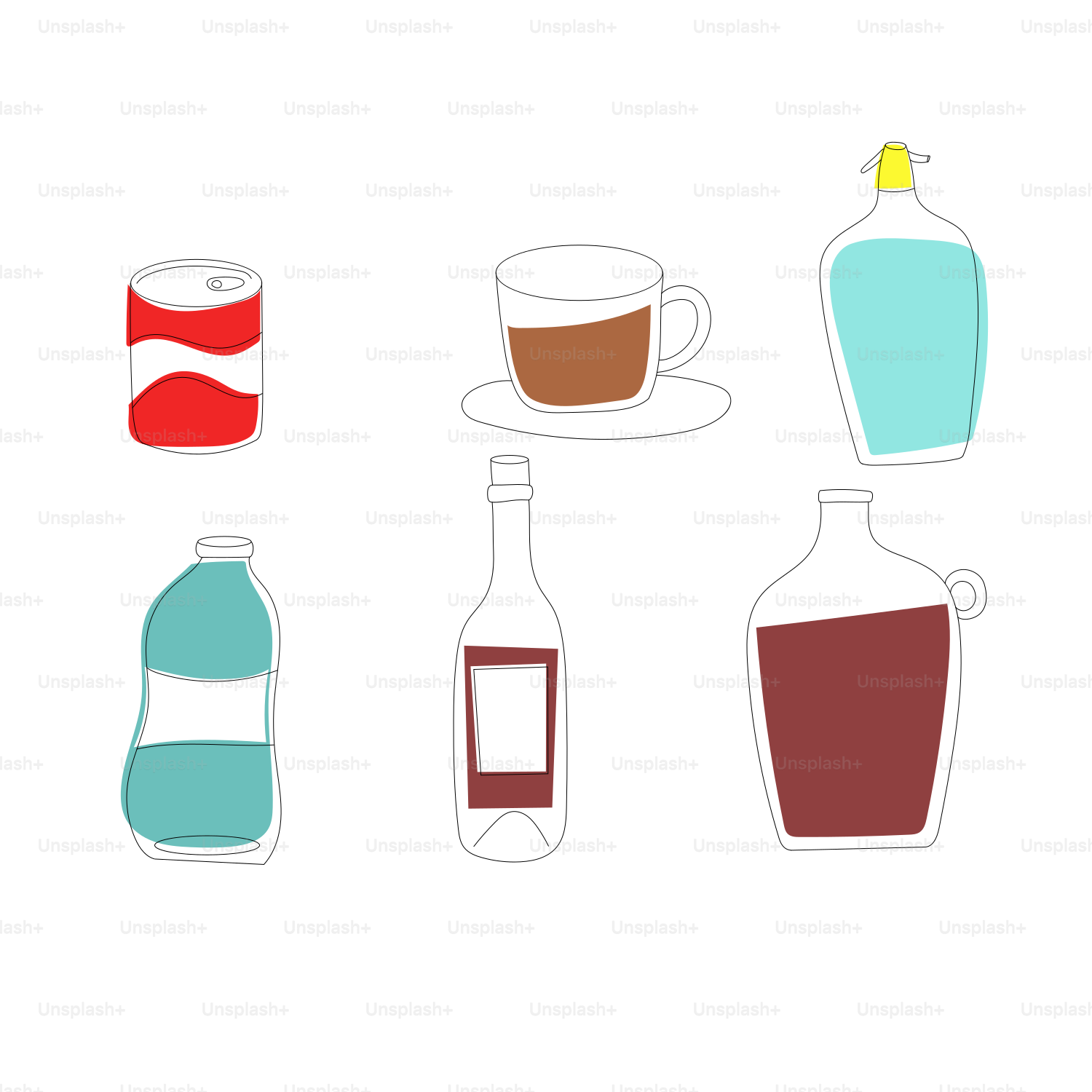 a set of four bottles with different types of drinks in them