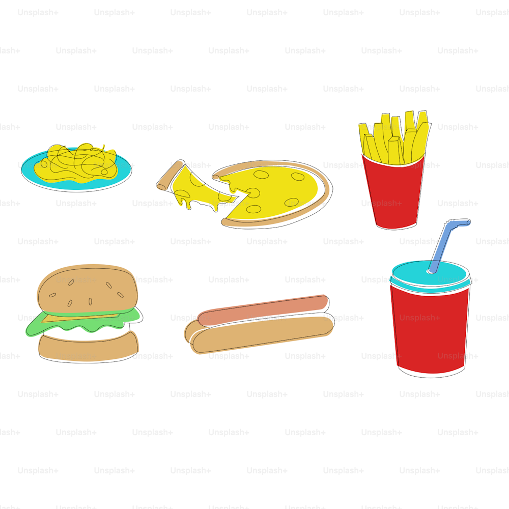 un dessin d’un sandwich, de frites et d’une boisson