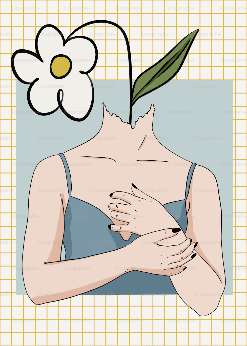 Un dibujo de una mujer con una flor sobre su cabeza