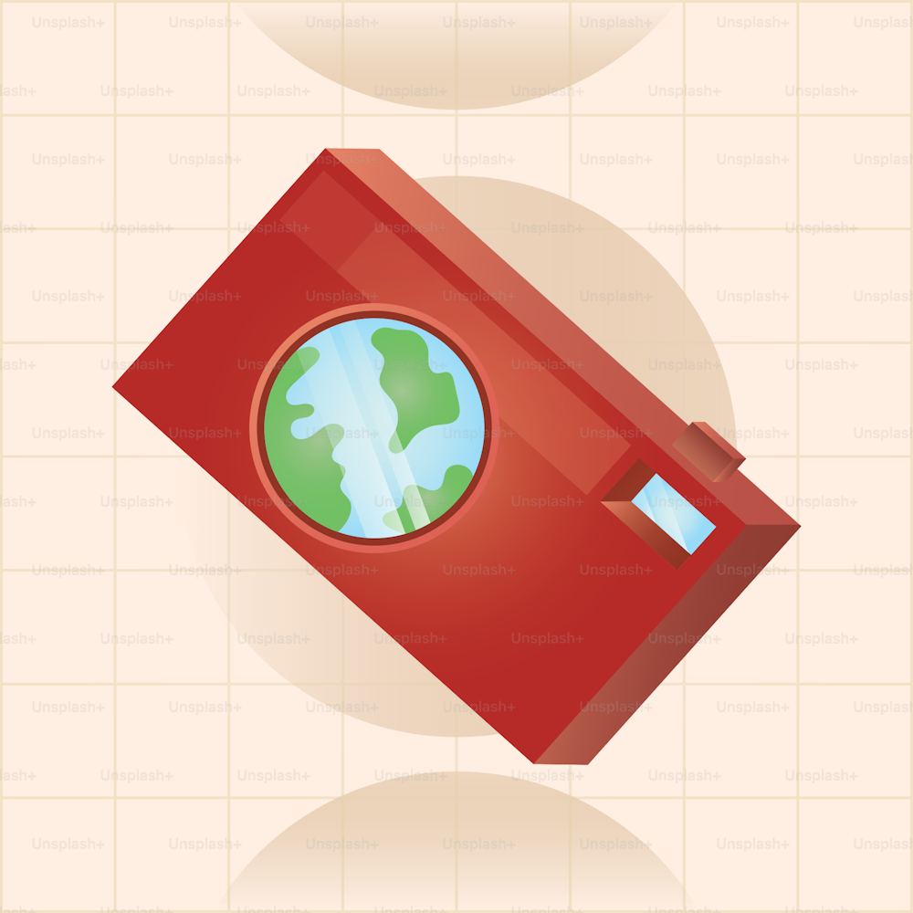 a red box with a green globe inside of it