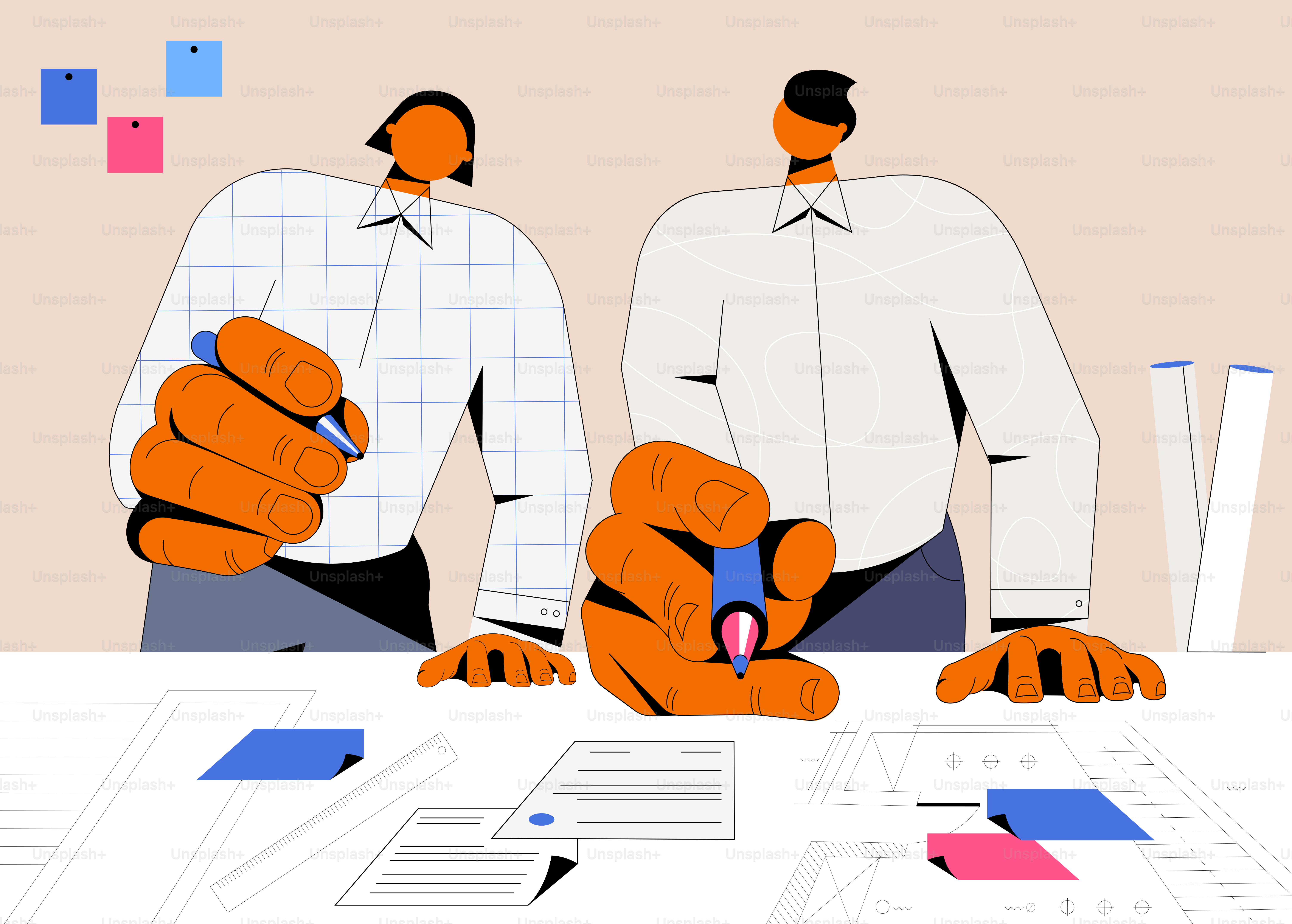 a couple of men standing next to each other at a table