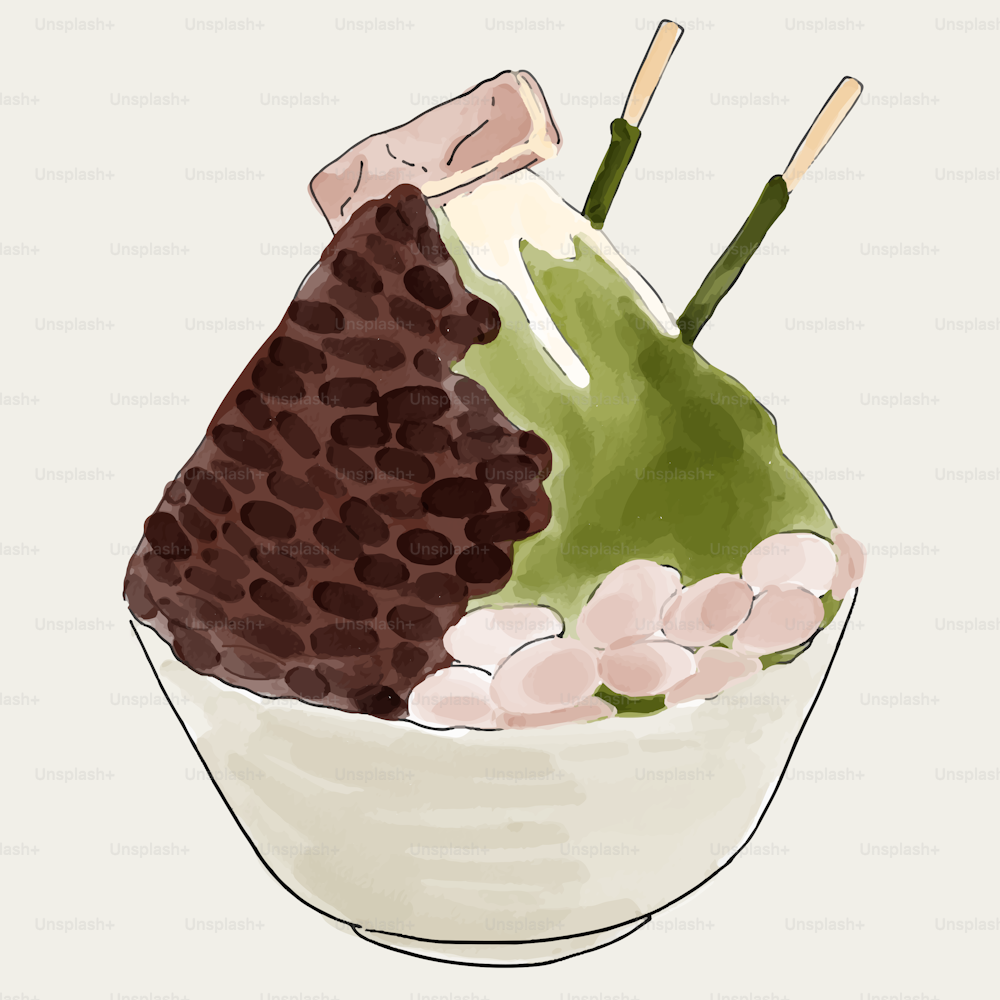 a drawing of a bowl of food with a spoon sticking out of it