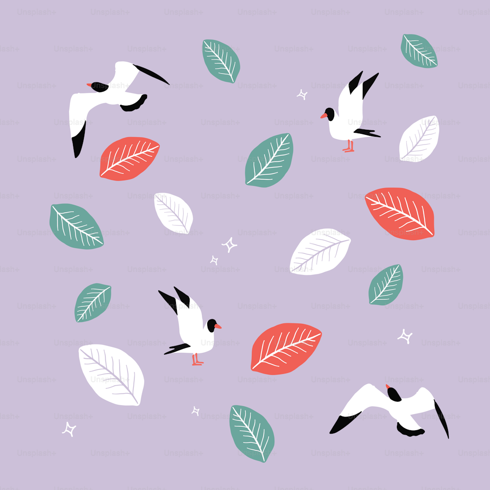 a picture of some birds and leaves on a purple background