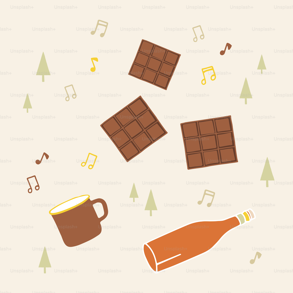 a chocolate bar, a mug of coffee, and music notes