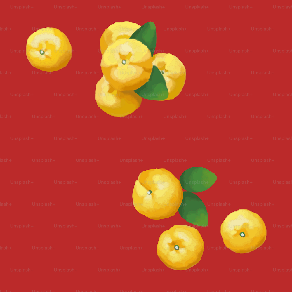 a group of lemons with green leaves on a red background