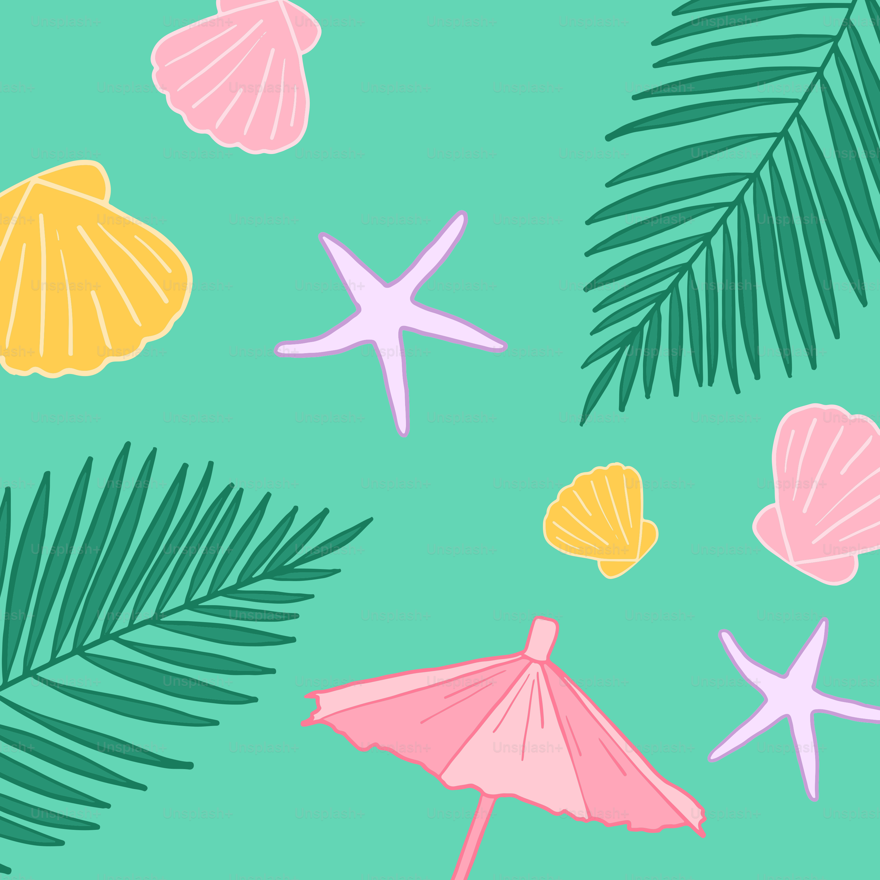 an umbrella and starfish on a green background
