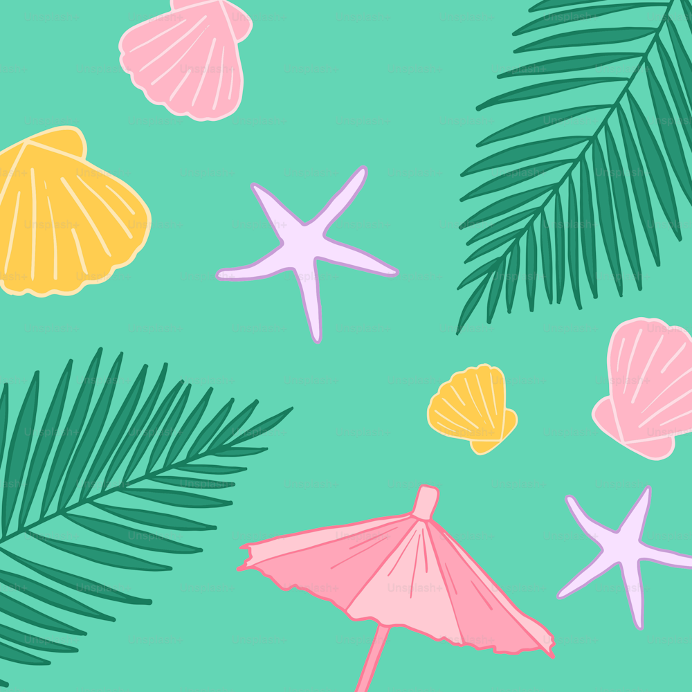 an umbrella and starfish on a green background