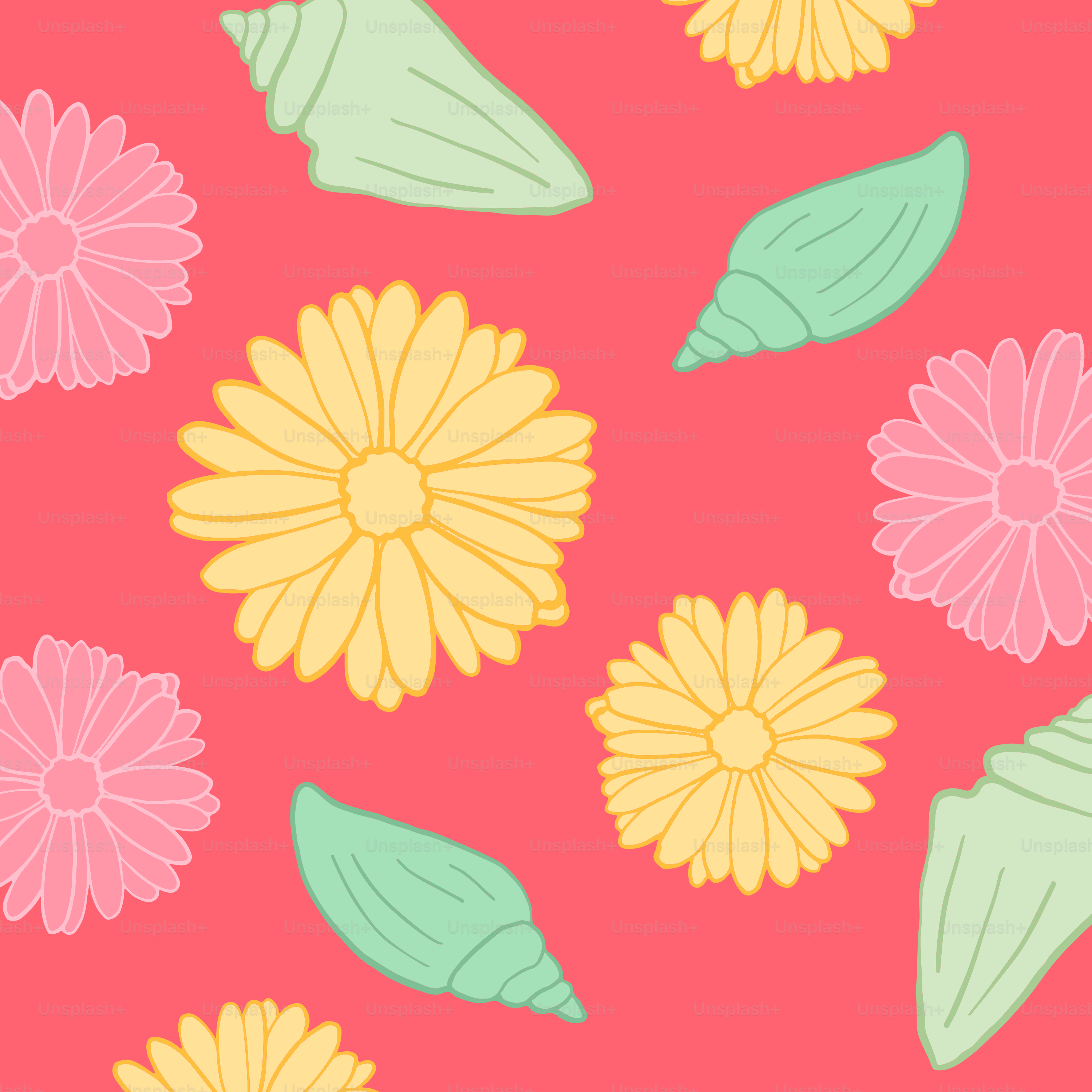 ピンクの背景に黄色と緑の花が描かれている