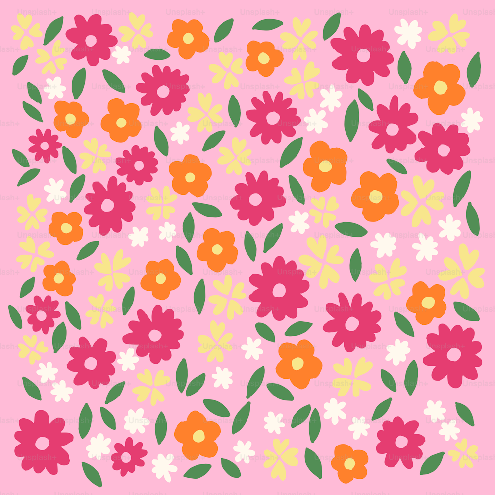 a pink background with colorful flowers and leaves