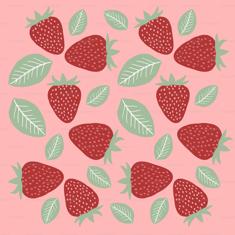 a pattern of strawberries with leaves on a pink background