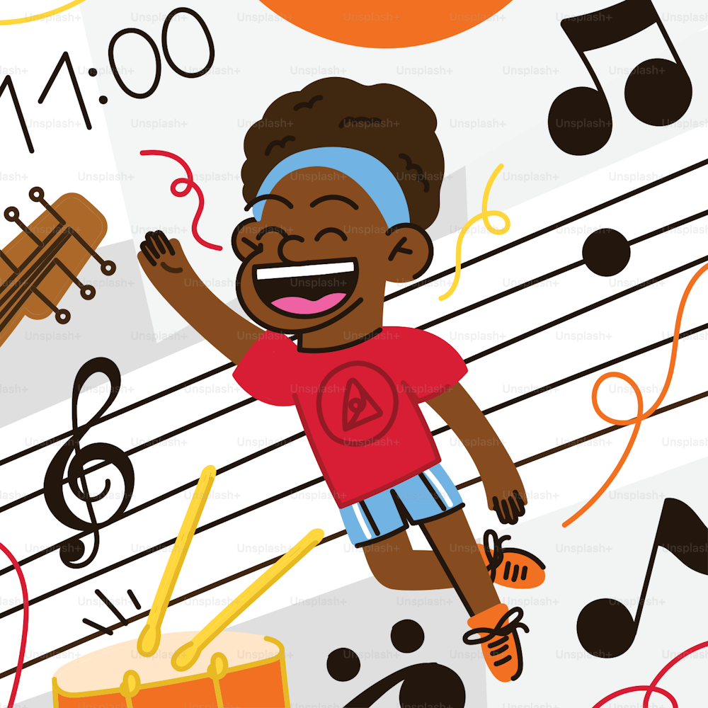 una caricatura de un niño tocando un instrumento musical