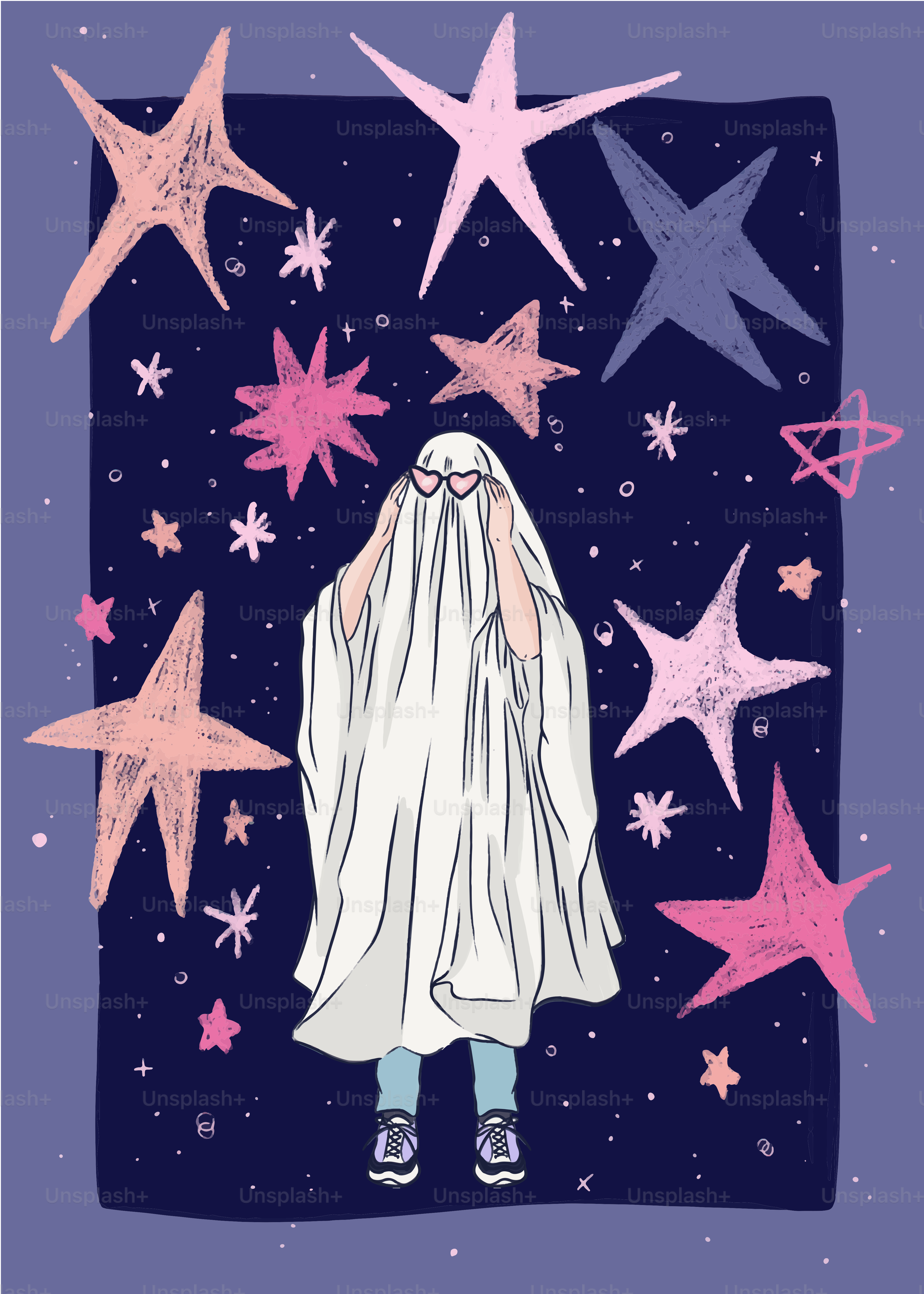 un dibujo de una persona con una capa blanca rodeada de estrellas