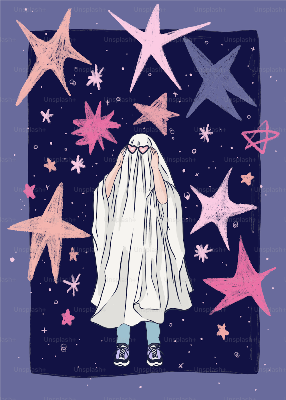 a drawing of a person in a white cloak surrounded by stars